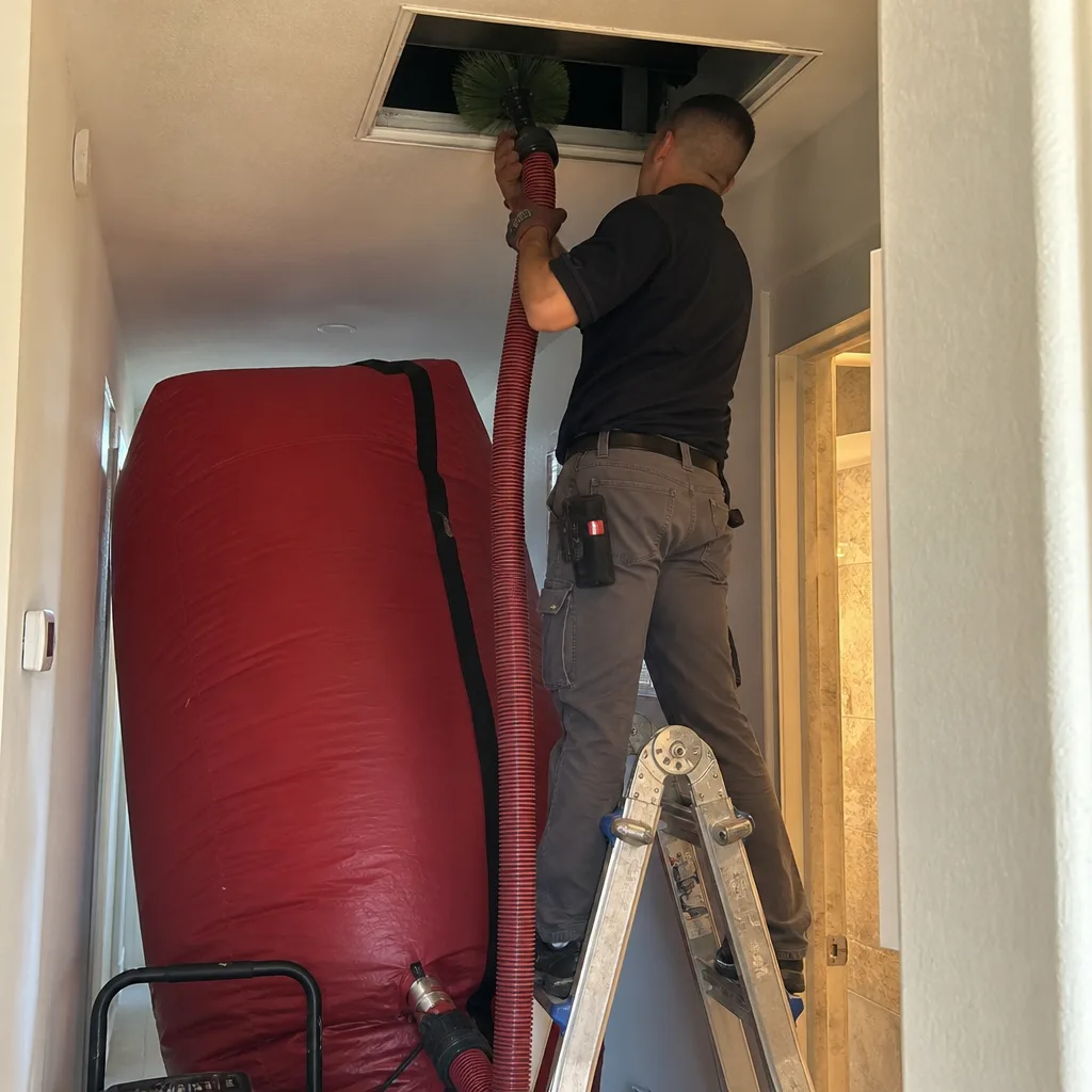 Technician using professional equipment for residential air duct cleaning