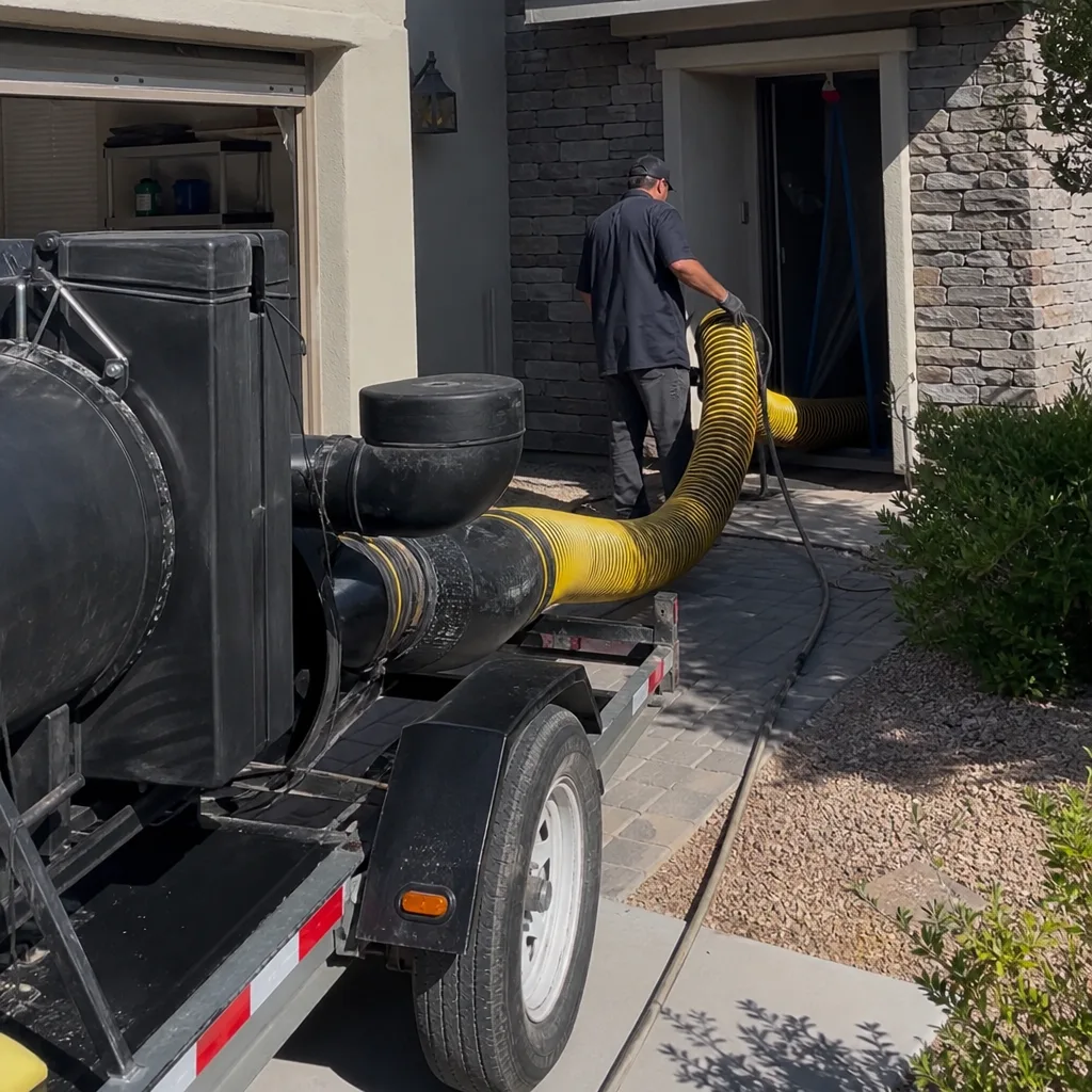 Technician using professional air duct cleaning equipment at a residence